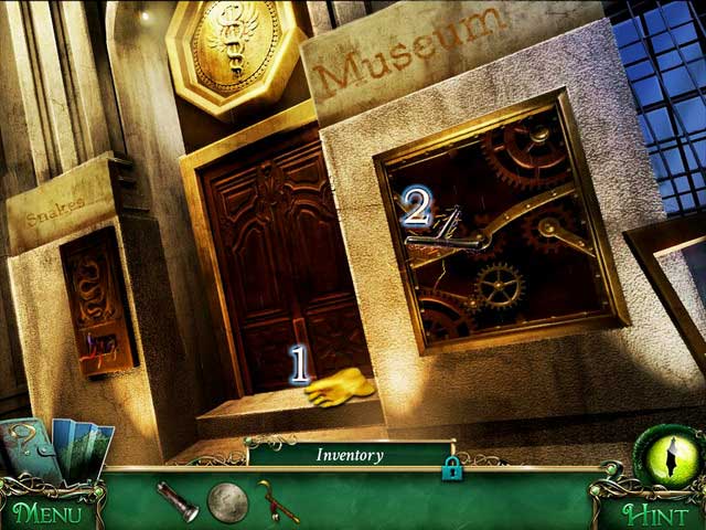 Approach the window and use Ritual sickle onto a ladder - Museum - Main storyline - 9 Clues: The Secret of Serpent Creek - Game Guide and Walkthrough