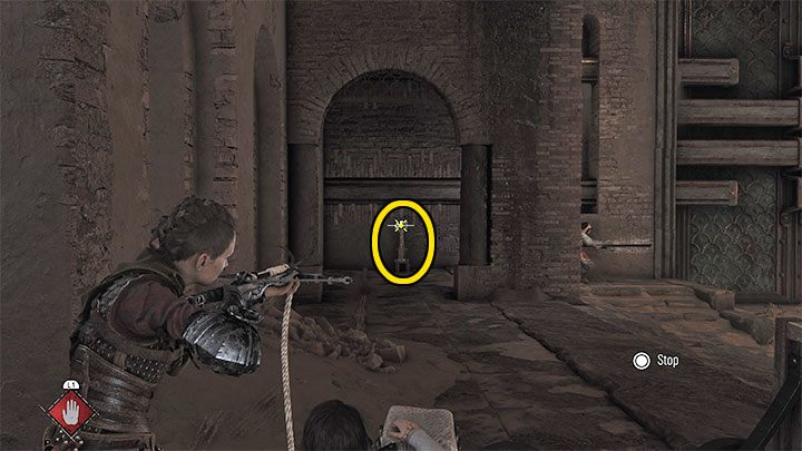 Stand by the cart - it has an anchor point and you can use a crossbow here - A Plague Tale Requiem: Chapter 11, Open the gate - walkthrough - Chapter 11 - The Cradle of Centuries - A Plague Tale Requiem Guide, Walkthrough