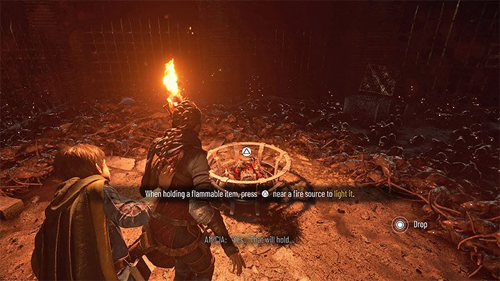 From now on, avoid entering unlit locations without needed equipment, as Amicia will be quickly swarmed and eaten alive by nearby rats - Plague Tale Requiem: Chapter 2, Exit the arenas underground - walkthrough - Chapter 2 - Newcomers - A Plague Tale Requiem Guide, Walkthrough