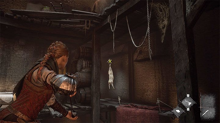 Use the slingshot on the meat hanging in 2 different places - the rats will reach the places where the meat lands - Plague Tale Requiem: Chapter 2, Exit the arenas underground - walkthrough - Chapter 2 - Newcomers - A Plague Tale Requiem Guide, Walkthrough