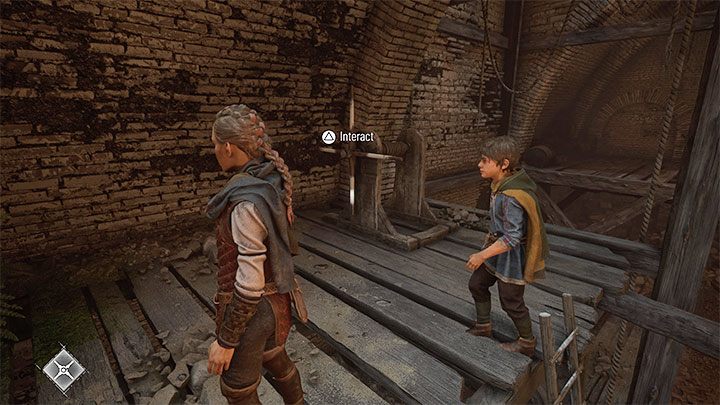 Reach the ladder on the left and order Lucas to rotate the mechanism (in console versions - hold L1 / LB and press Triangle / Y on the gamepad) - Plague Tale Requiem: Chapter 2, Exit the arenas underground - walkthrough - Chapter 2 - Newcomers - A Plague Tale Requiem Guide, Walkthrough