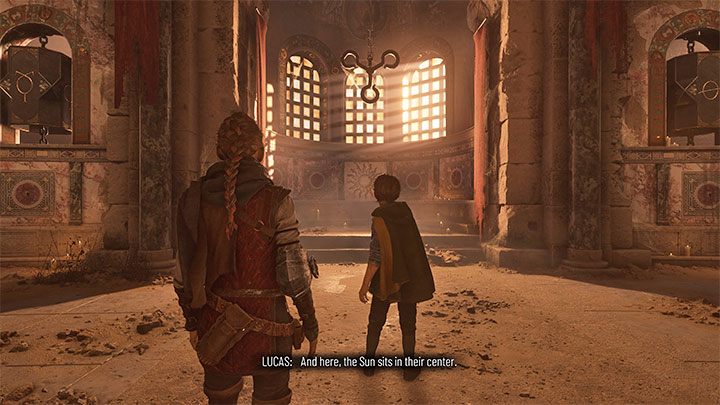 A puzzle with symbols appears here - your task is to rotate the bells to create a correct combination - Plague Tale Requiem: Chapter 2, Exit the arenas underground - walkthrough - Chapter 2 - Newcomers - A Plague Tale Requiem Guide, Walkthrough