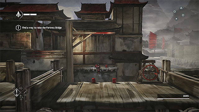Use rope dart to reach the bascule bridge mechanism - The Port - walkthrough for sequence 3 - Walkthrough - Assassins Creed Chronicles: China - Game Guide and Walkthrough