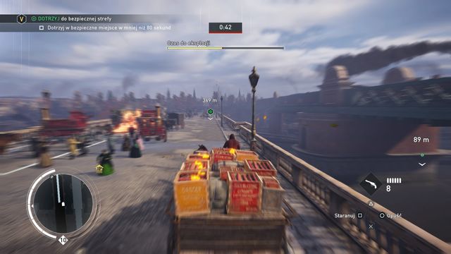 On the bridge, watch out not to get blocked by other carriages. - 03 - Operation Drive For Lives | Queen Victoria Memories - Queen Victoria Memories - Assassins Creed: Syndicate Game Guide & Walkthrough