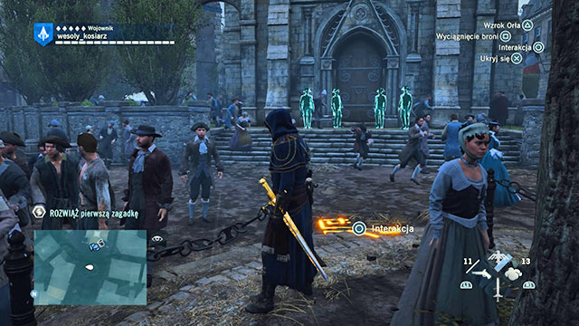 The first solution is in front of the church entrance, next to the tree there - Side quests | Marais map in AC Unity - Marais - Assassins Creed: Unity Game Guide & Walkthrough