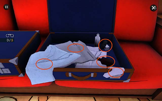 Make an observation of things in the suitcase (five clues): bath towel (on the left), badly folded pyjamas (in the middle), badly closed toothpaste (up and right), unprotected bottles and odd socks (bottom right; trophy Snowflake) - Call Scotland Yard and compare the new letter with the other letters from ABC - Chapter two - Bexhill - Agatha Christie: The ABC Murders - Game Guide and Walkthrough
