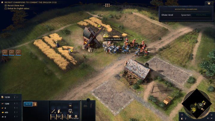 Follow the path and approach a French champion called Sir Guy de Rochefort - he will be standing by the farms and mill - Age of Empires 4: The Combat of the Thirty (The Hundred Years War) - walkthrough - The Hundred Years War - Age of Empires 4 Guide