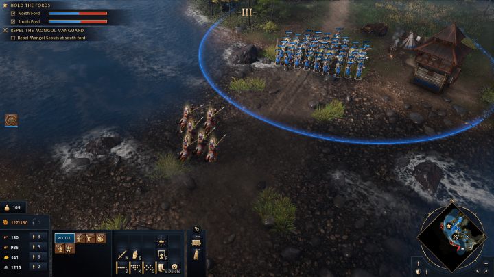 After 7 minutes, small squads of Mongolian Scouts will show up on both sides of the river - Age of Empires 4: Great Stand on the Ugra River (The Rise of Moscow) - walkthrough - The Rise of Moscow - Age of Empires 4 Guide