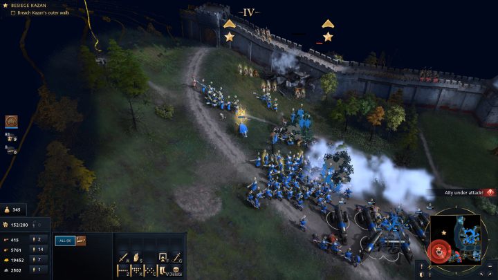 Destroy 2 Outposts behind the bridge first, then send out the cannons to destroy the walls and siege towers - Age of Empires 4: The Siege of Kazan (The Rise of Moscow) - walkthrough - The Rise of Moscow - Age of Empires 4 Guide