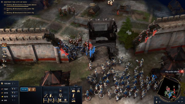 Start destroying the watchtowers and send a few siege towers to quickly penetrate the city walls - Age of Empires 4: The Siege of Kiev (The Mongol Empire) - walkthrough - The Mongol Empire - Age of Empires 4 Guide