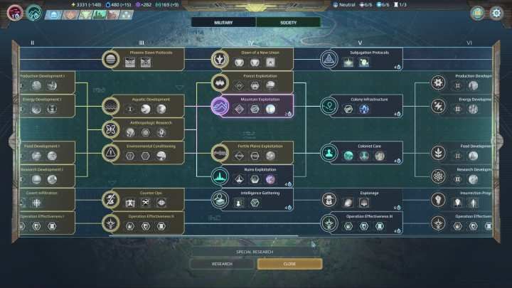The society research window. - Research in Age of Wonders Planetfall - Gameplay mechanics - Age of Wonders Planetfall Guide