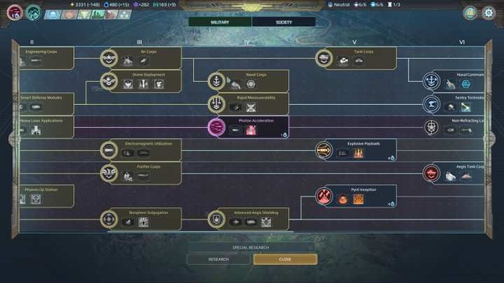 Here, in turn, the window of military research. - Research in Age of Wonders Planetfall - Gameplay mechanics - Age of Wonders Planetfall Guide