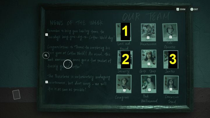 Find the employee board in the gift shop - Alan Wake 2: Safe puzzle in the Gift Shop in Coffee World - Main storyline - Alan Wake 2 Guide