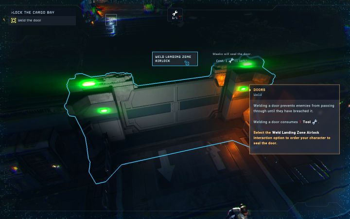 After getting outside, click on the doors and select the option to weld the airlock, which consumes 1 tool - Aliens Dark Descent: How to get out of the cargo hold in the prologue? - FAQ - Aliens Dark Descent Guide