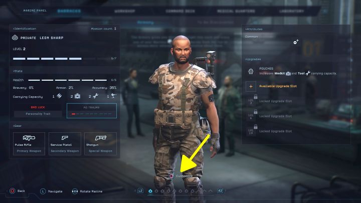 In the Barracks, you can choose available marines and: set their gear, attributes, and upgrades as well as check their current health levels and perks - Aliens Dark Descent: How to change the apperance of marines? - FAQ - Aliens Dark Descent Guide