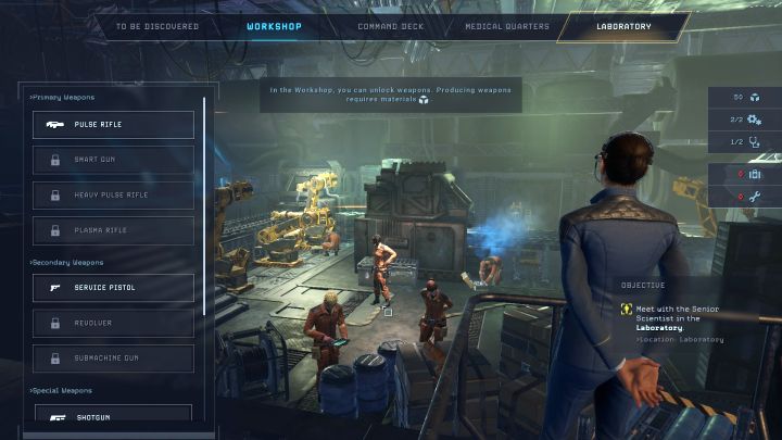 In this area of Otago, you can acquire new weapons and battle gear, which are on the list on the left side of the screen - Aliens Dark Descent: USS Otago Command Center - Base management - Aliens Dark Descent Guide