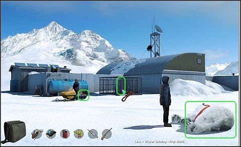 Open a sled dog cage and then tie a rope to the snowmobile, the cage pillar and the strapped polar bear (use a rope on all three elements) - Arrange stuff to move the bear - Day 1 - Alpha Polaris - Game Guide and Walkthrough