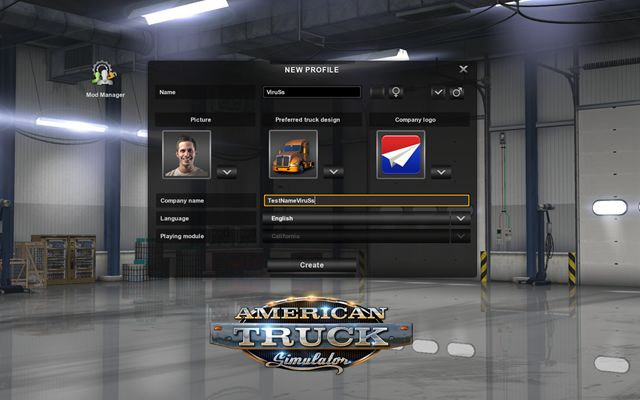 At first you create your profile by selecting name, sex, company logo, photo (numerous to choose from), truck model and your companys name - Player profile and central selection - First steps - American Truck Simulator - Game Guide and Walkthrough