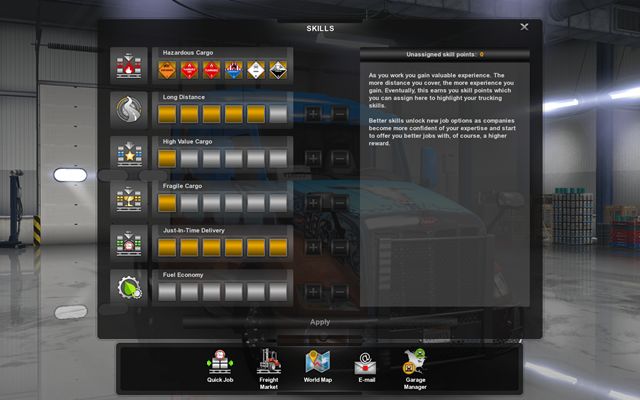 When you level up, you receive one point to upgrade one of your skills - Skills - Driver - American Truck Simulator - Game Guide and Walkthrough