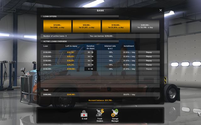You can check the number of paid installments and how much $ you must still pay in the bank window - Loan repayment - Bank - American Truck Simulator - Game Guide and Walkthrough