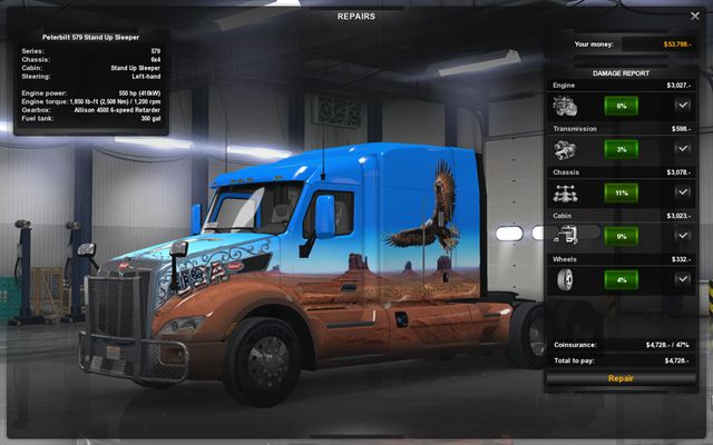 The car repair shop displays on the right the truck condition and repair costs of each element - Repairing and modifying the truck - Driving your truck across the States - American Truck Simulator - Game Guide and Walkthrough