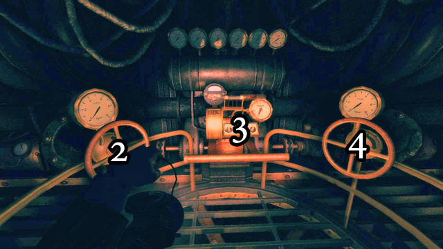 In the next room, there are two valves and two levers - one between the valves and one across them - The Basement | Walkthrough - Walkthrough - Amnesia: A Machine for Pigs Game Guide