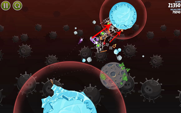Don't wait too long before launching the second bird at the asteroid, which you have to knock down towards the small piglet - Level 3-29 - Danger Zone - Angry Birds Space - Game Guide and Walkthrough