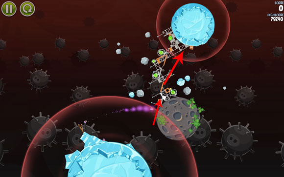 Launch the first bird towards the small planet - Level 3-29 - Danger Zone - Angry Birds Space - Game Guide and Walkthrough