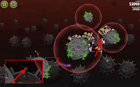 Send the other bird down - the trajectory has to go through the indicated prong - Level 3-27 - Danger Zone - Angry Birds Space - Game Guide and Walkthrough