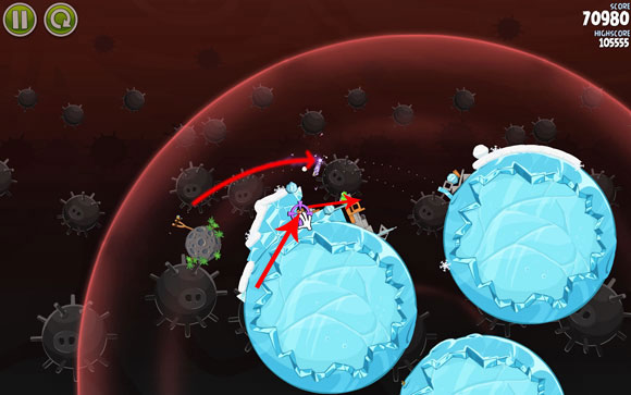 As a result, everything should collapse and you'll only have two pigs left - Level 3-25 - Danger Zone - Angry Birds Space - Game Guide and Walkthrough