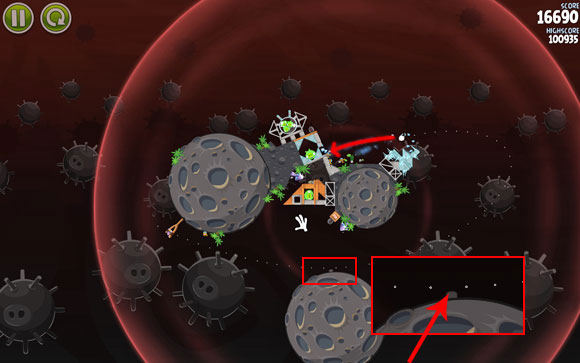 Launch the second bird the other way - its trajectory has to go right above the indicated fragment of the planet - Level 3-24 - Danger Zone - Angry Birds Space - Game Guide and Walkthrough