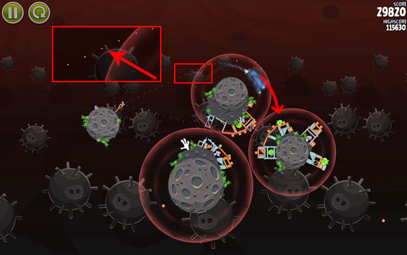 Send the other bird up; you can refer to the close-up where the flight path goes through one of the prongs - Level 3-23 - Danger Zone - Angry Birds Space - Game Guide and Walkthrough