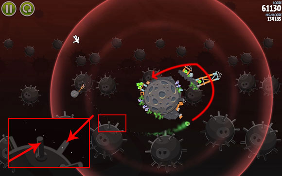 Send the second bird the other way, adjusting the flight path between the two prongs shown on the close-up - Level 3-18 - Danger Zone - Angry Birds Space - Game Guide and Walkthrough
