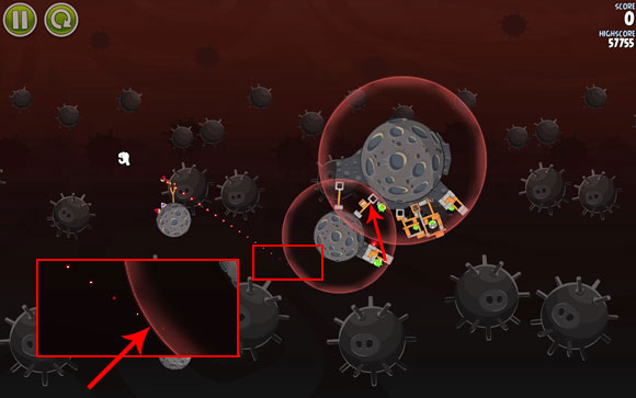 In truth, with the first bird you don't need to adjust the shot to any particular angle - just try to overlap the flight path roughly with the gravity field - Level 3-16 - Danger Zone - Angry Birds Space - Game Guide and Walkthrough