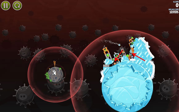 The bird should fly inside the indicated spot, causing a chain reaction - everything should start to fall down - Level 3-11 - Danger Zone - Angry Birds Space - Game Guide and Walkthrough