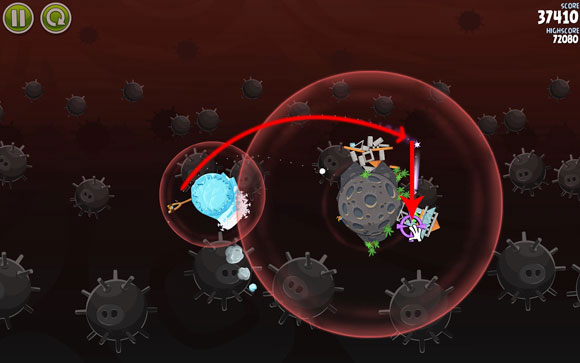 If you're lucky, a piece of the meteorite should hit the smaller structure on the other side of the planet with the first shot - Level 3-8 - Danger Zone - Angry Birds Space - Game Guide and Walkthrough
