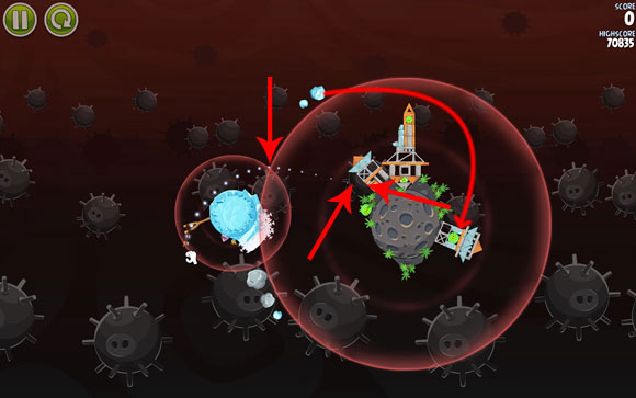 This level is very difficult, because as opposed to the majority of them, it requires less force on the slingshot - Level 3-8 - Danger Zone - Angry Birds Space - Game Guide and Walkthrough