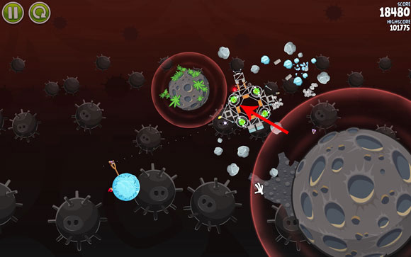 Your goal is to pull the meteorite towards the gravity field so that it destroys the box of explosives, which will push it further towards the structure - Level 3-6 - Danger Zone - Angry Birds Space - Game Guide and Walkthrough