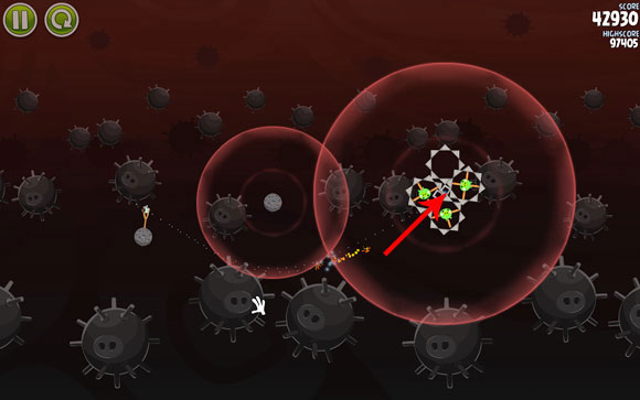 Launch the second bird on pretty much the same path - see where the most blocks are so that the bird could break through without trouble - Level 3-4 - Danger Zone - Angry Birds Space - Game Guide and Walkthrough