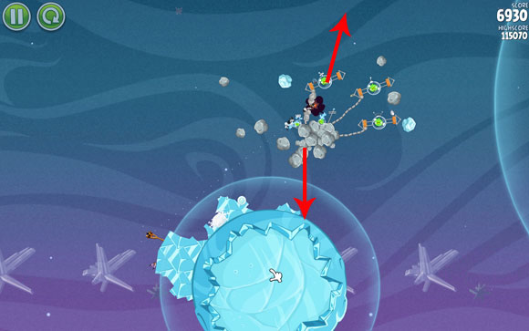 As a result, you should be able push the cluster of joined asteroids towards the gravity field (which will destroy everything, including the two pigs), while one of the pigs should fly straight up and out of the screen (or be killed by the