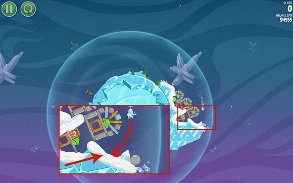 As a result, it will fly past all the pigs and hit the snow at the back - Level 2-11 - Cold Cuts - Angry Birds Space - Game Guide and Walkthrough