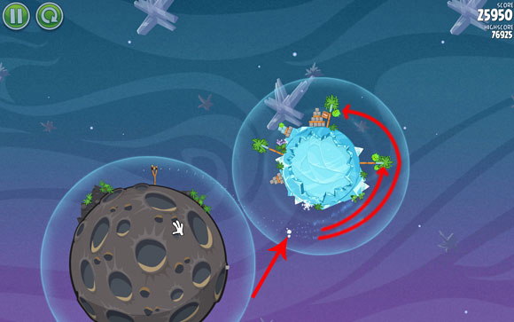 Launch the second bird on a slightly lowered trajectory; where to split is indicated above - it can't happen too late, because one of the birds won't make it to the second tree - Level 2-8 - Cold Cuts - Angry Birds Space - Game Guide and Walkthrough