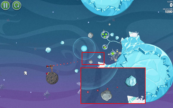 Launch the first bird just above the asteroid (make sure not to touch it) - pay attention to the flight path, because if you curve it up even minimally, the bird will be pulled in by the gravity field - Level 2-2 - Cold Cuts - Angry Birds Space - Game Guide and Walkthrough