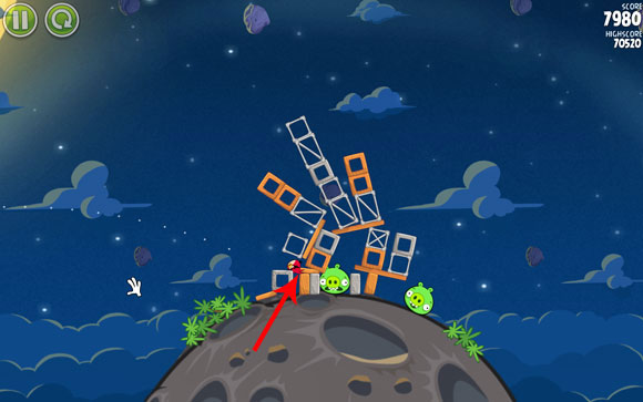 What you want to do is to shake the structure, which is easily achieved when the bird, after it bounces off the block, hits the indicated small plank - Level 1-4 - Pig Bang - Angry Birds Space - Game Guide and Walkthrough