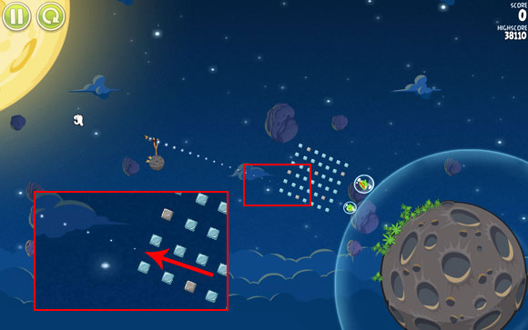 Aim the bird at the indicated rows of blocks; try to make it as close to the middle as possible - Level 1-9 - Pig Bang - Angry Birds Space - Game Guide and Walkthrough