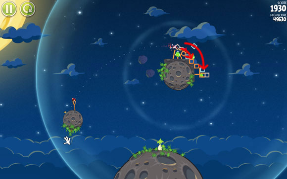 If the birds hits right, it should roll down the blocks on the second pig (the first one will be killed by a concrete block), while a glass shard should shake the structure the last of the pigs is hiding in - Level 1-13 - Pig Bang - Angry Birds Space - Game Guide and Walkthrough