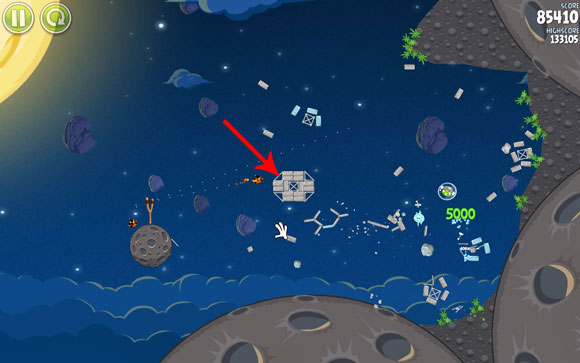 There will the total chaos on the screen - don't mind it, but launch the second bird at the indicated spot and detonate it - Level 1-17 - Pig Bang - Angry Birds Space - Game Guide and Walkthrough