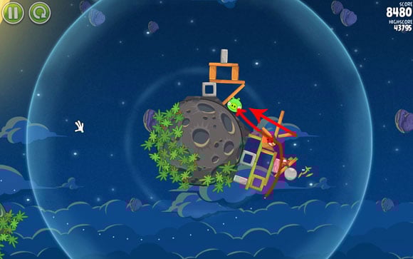 The bird will shake the structure and cause it to fall on the other pig - Level 1-7 - Pig Bang - Angry Birds Space - Game Guide and Walkthrough