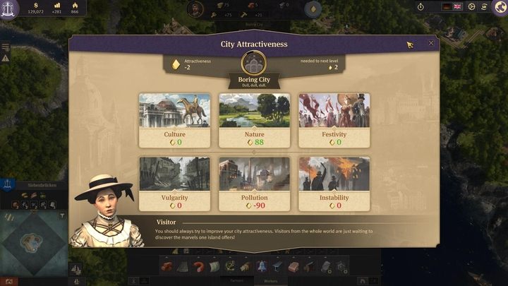 One should keep in mind that City Attractiveness is defined by culture, nature, festivity, vulgarity, pollution and instability - Anno 1800: How to improve city attractiveness? - FAQ - Anno 1800 Game Guide