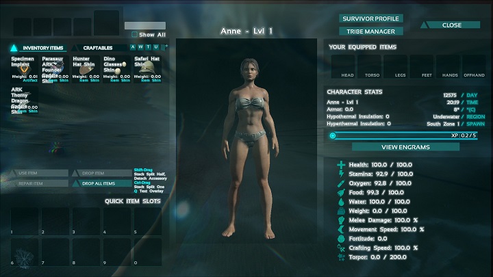 When you are done and your character is created, you will enter the inventory screen where you will be able to find all of the stats of your avatar as well - ARK: Character creation, attributes - For beginners - ARK Survival Evolved Guide
